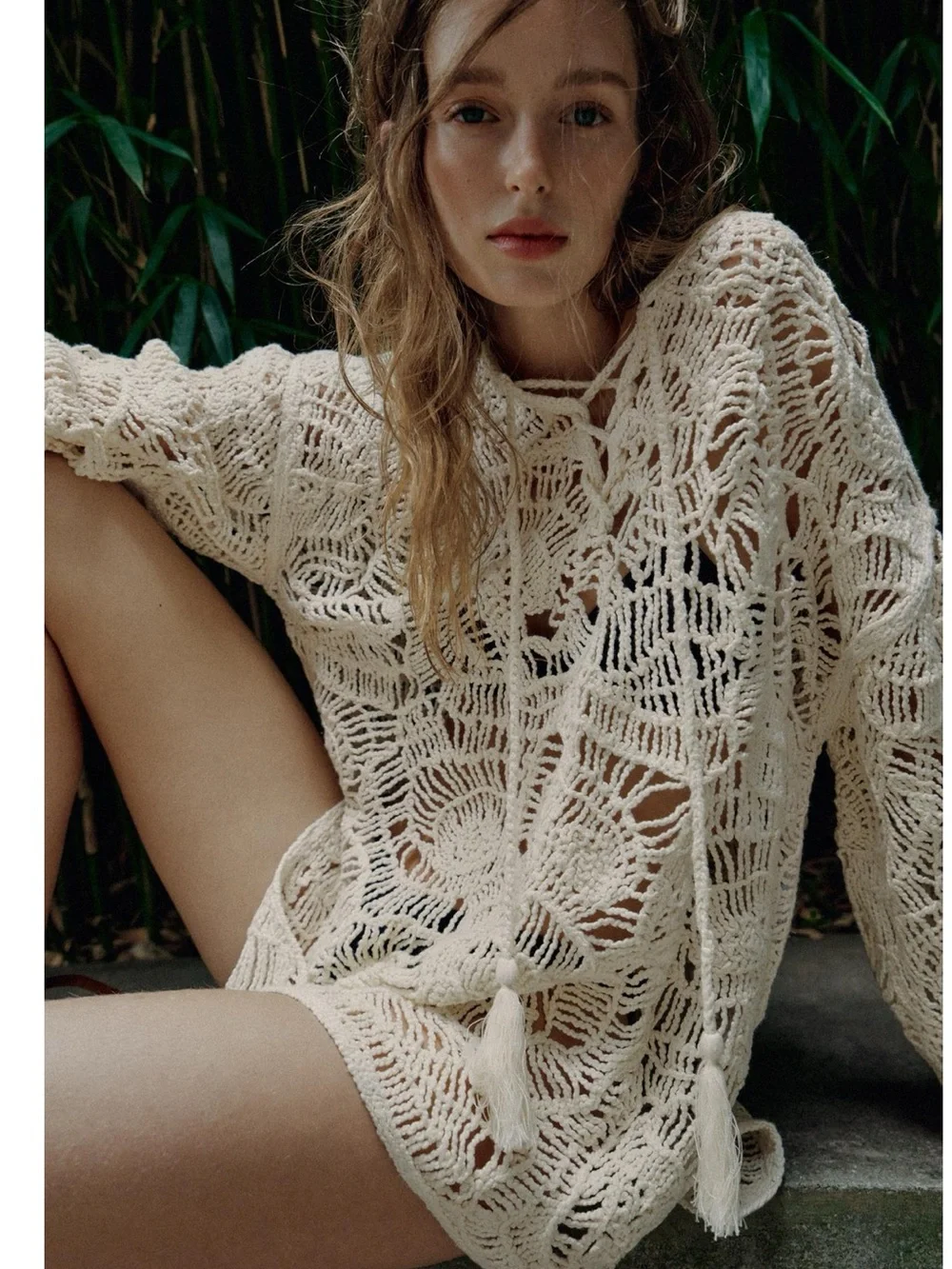 Zara Open-Knit Tassel Dress in Ecru features a distinct crochet pattern